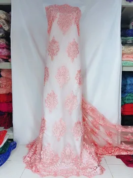 

Gorgeous Luxurious2019 peach french lace embroidered tulle lace with heavy stone nigerian Guipure lace fabrics for wedding dress