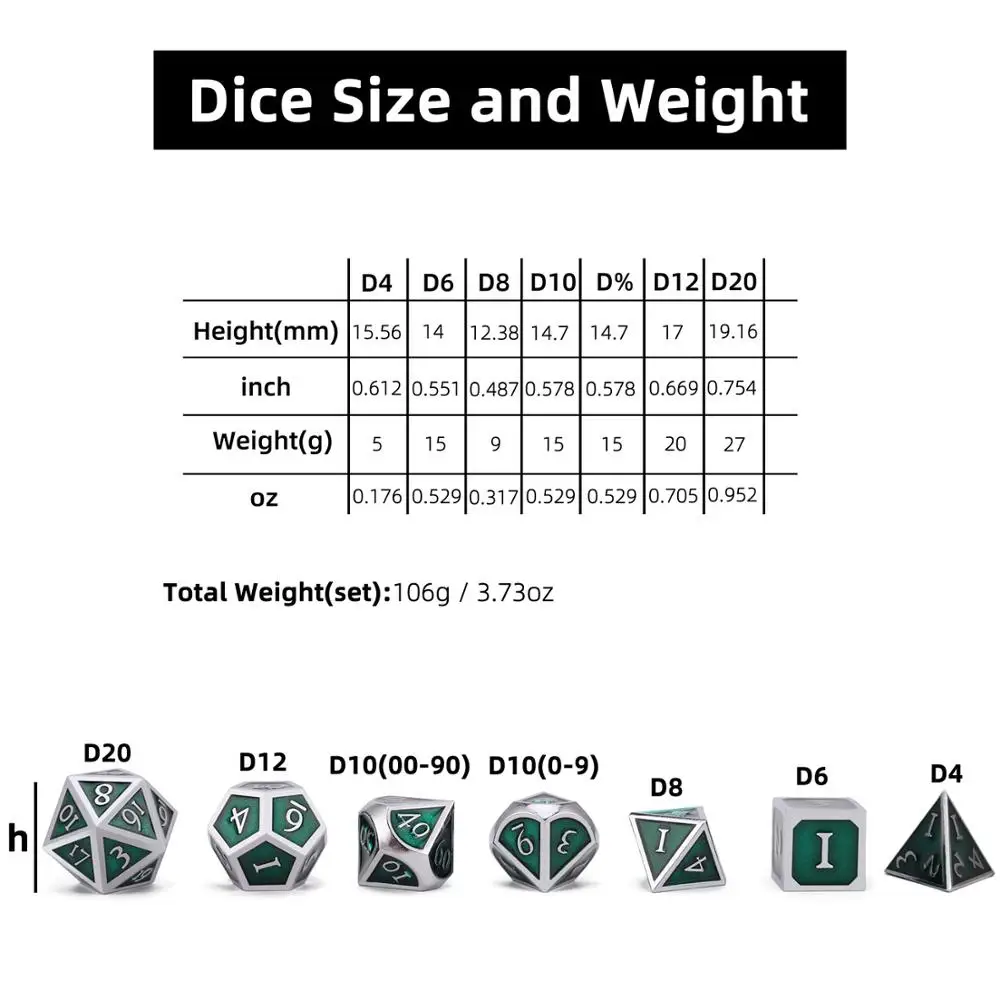 Koop Polyhedrale Metal Dice Set Zinklegering met Emaille Effen Metalen voor DND Spel Tafelblad RPG Zilver   Groen