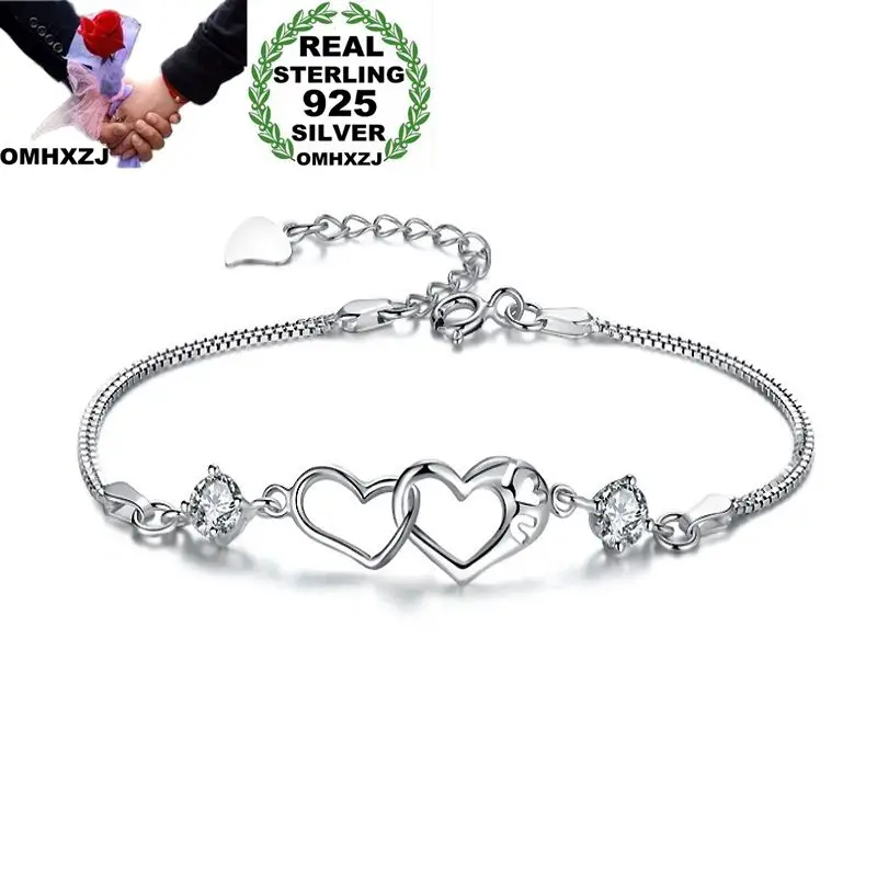 

OMHXZJ Wholesale Personality Fashion Woman Girl Party Wedding Gift Silver Double Heart Zircon 925 Sterling Silver Bracelet BR50