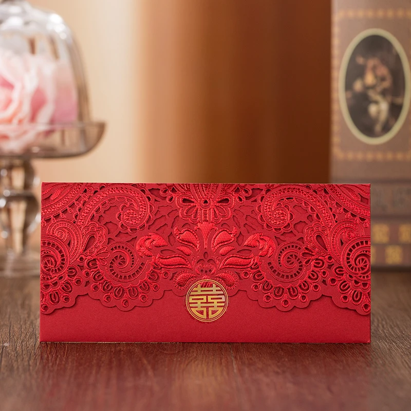Китайские конверты с лазерной резкой для свадебных приглашений, красные полые цветочные конверты на день рождения, конверт для денег, праздничные конверты