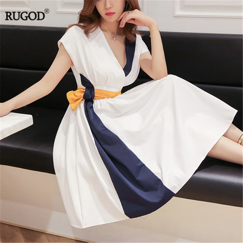 

RUGOD New patchwork official ladies elegant women dress midi high waist a line v neck summer dress vintage modis femme vestido
