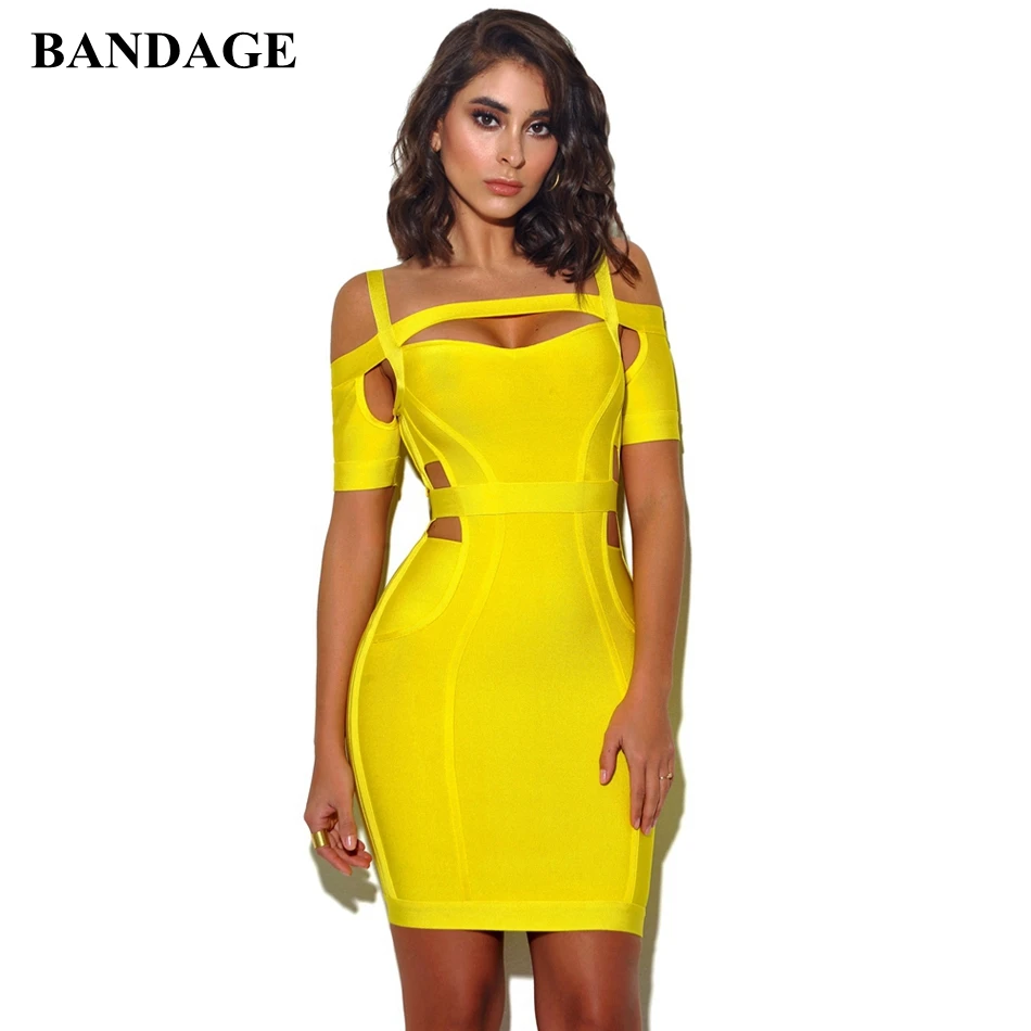 

BANDAGE Yellow Women Boutiques Cut Out Off Shoulder Bandage Dress Short Sleeves Evening Party Mini Bodycon Lady Vestido Clubwear