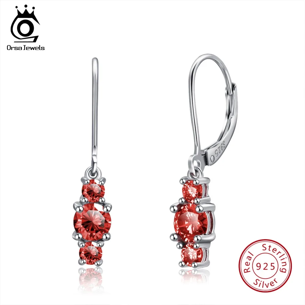 

ORSA JEWELS Authentic 925 Sterling Silver Drop Earrings Noble AAA Red Cubic Zircon Women Party Earring Fashion Jewelry SE70-R