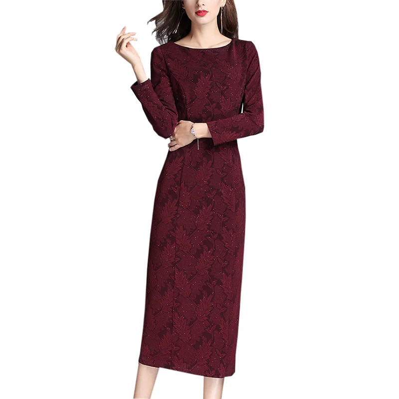 dress damen lange yp2043 winter abend blatt lilaburgund langarm Mode druck weinrot frauen schlank oansatz herbst kleider elegante wX8nPk0O