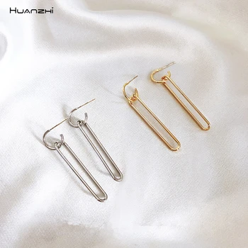 

HUANZHI New 2019 S925 Pin Geometric Hollow C Shape Strip Oval Copper Long Drop Earrings for Women Girls Vacation Gift