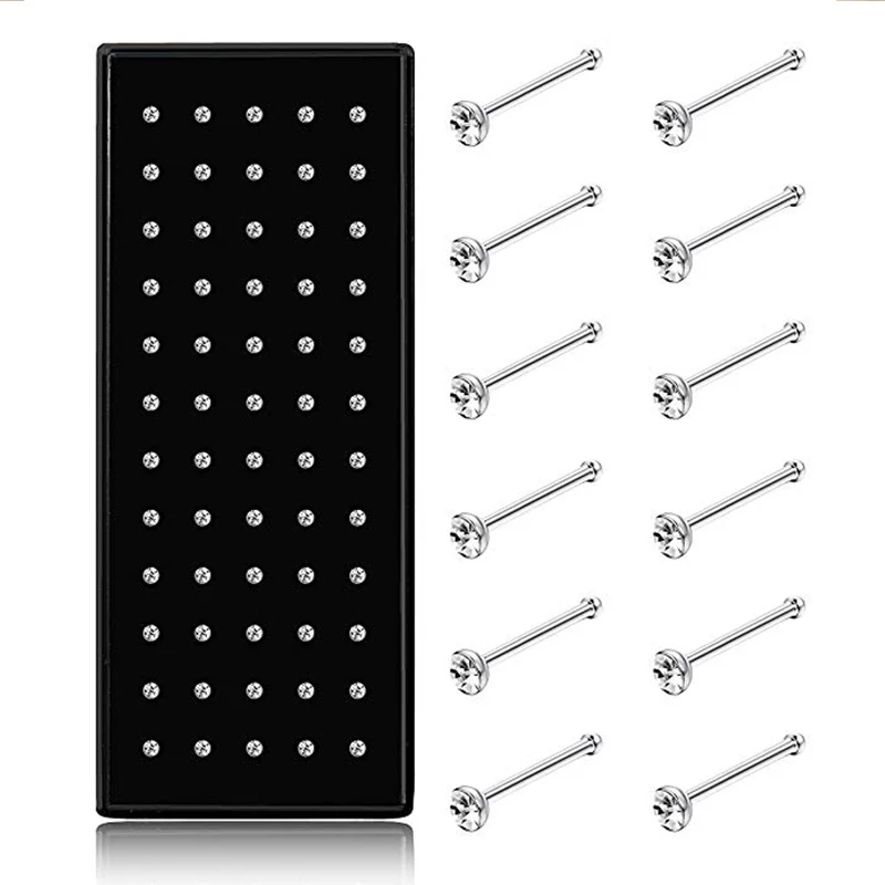 

StoneFans 60 Individual Boxed 1.8mm Stainless Steel Inlaid Nose Nail Piercing Stainless Steel Crystal Nose Ring Set Body Jewelry