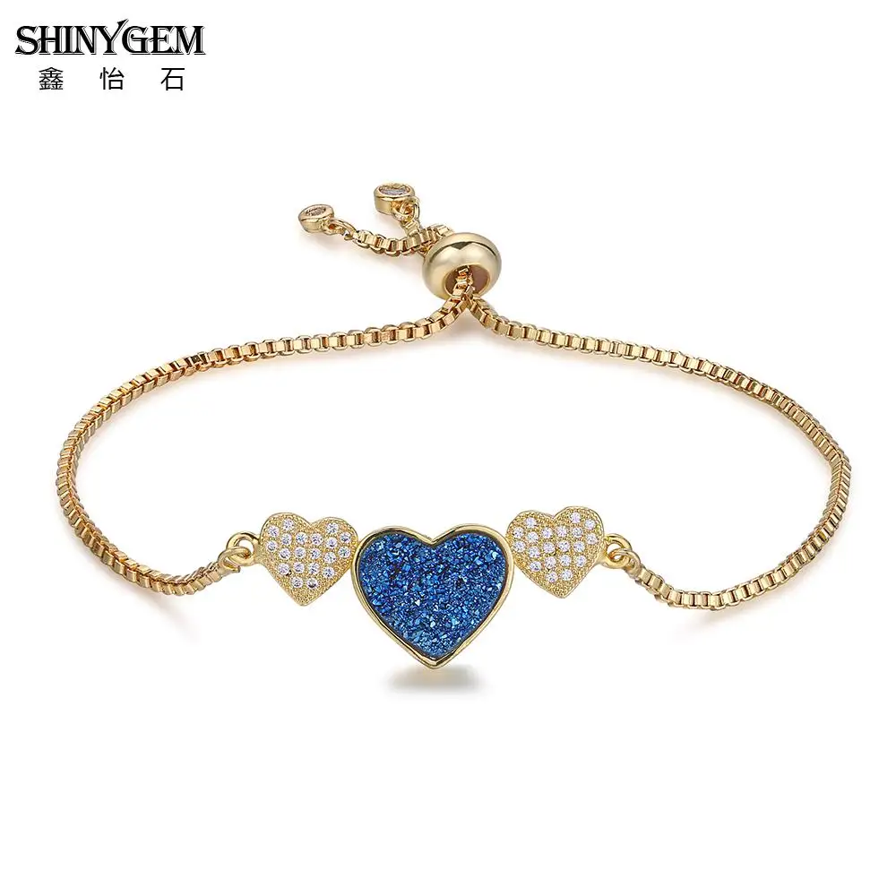 

ShinyGem Adjustable Triple Heart Charm Bracelet Korean Gold CZ Crystal Druzy Bracelet Fashion Cute Love Heart Bracelet For Women