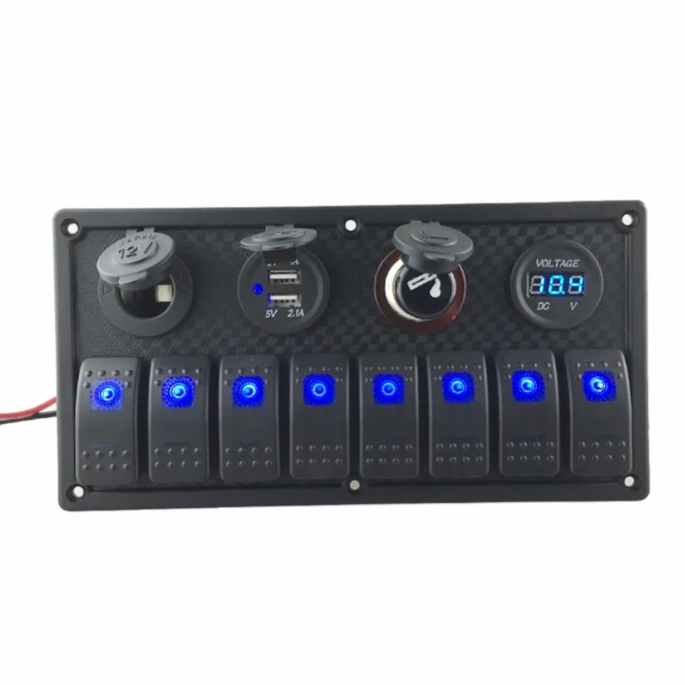 

8 Series LED Car Ship Type Switch Panel Dual USB Cigarette Lighter Socket Voltage Meter Car LED Switch Panel Boat Relay Switch