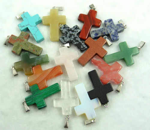 

Natural stone Quartz crystal Turquoises tiger eye Opal charms cross pendants for diy Jewelry making necklace Accessories10pcs