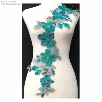 

New Teal Blue/Gold Flower Embroidery Lace Appliques Collars Dance Dress Costume Wedding DECOR Sewing DIY Craft 10pcs/lot TBNC49M