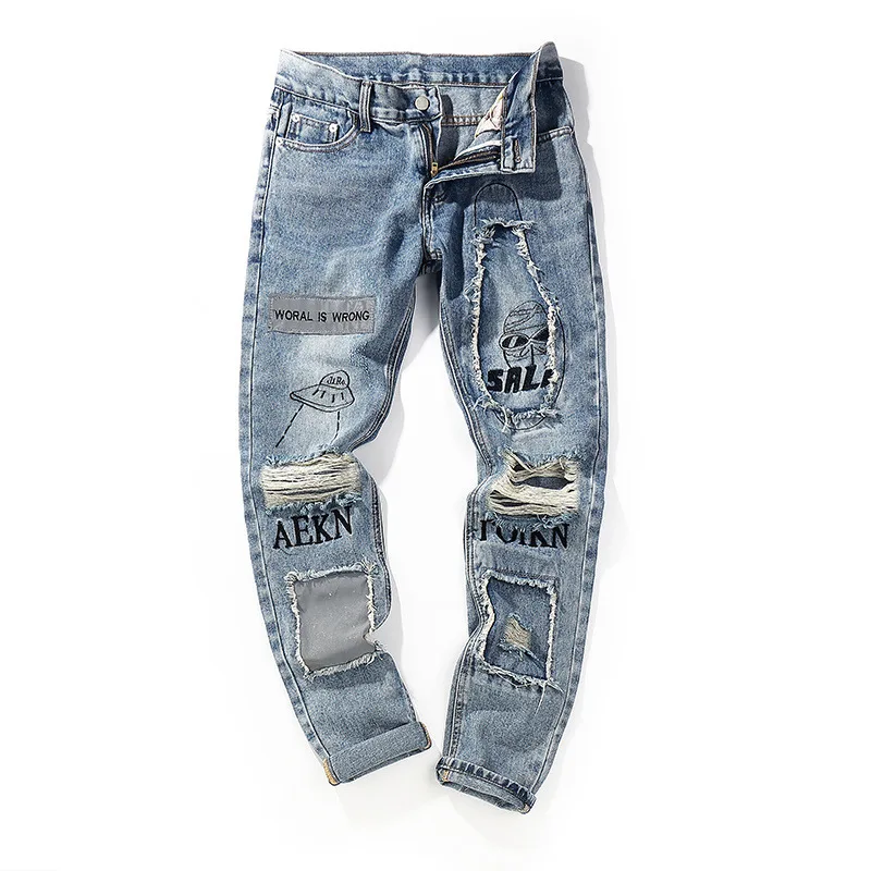 Slim Fit Повседневное джинсовые штаны Светоотражающие Для мужчин узкие Рваные джинсы для Для мужчин Винтаж байкерские джоггеры Проблемные