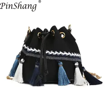 

PinShang Women Handbag Fashion Drawstring Bucket Bag Mini Vintage Satchel Tassel Macrame Canvas Handbag Bags for Women 2018 Z40