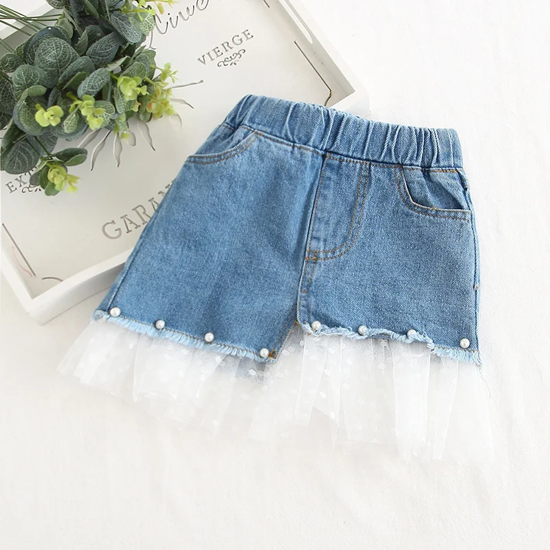 WOTTAGGA 2019 Summer Girls Dress Kids Girls Pearl Jeans Shorts Asymmetric Dress Denim Shorts Baby Jeans Children
