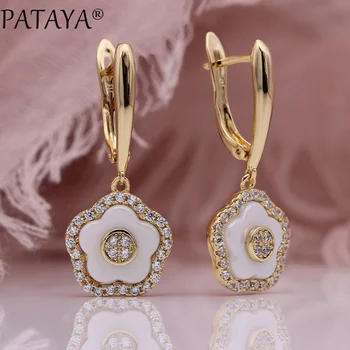 

PATAYA New White Ceramic Flower Earring Women Unique Noble Wedding Jewelry 585 Rose Gold Natural Zircon Dangle Long Earrings