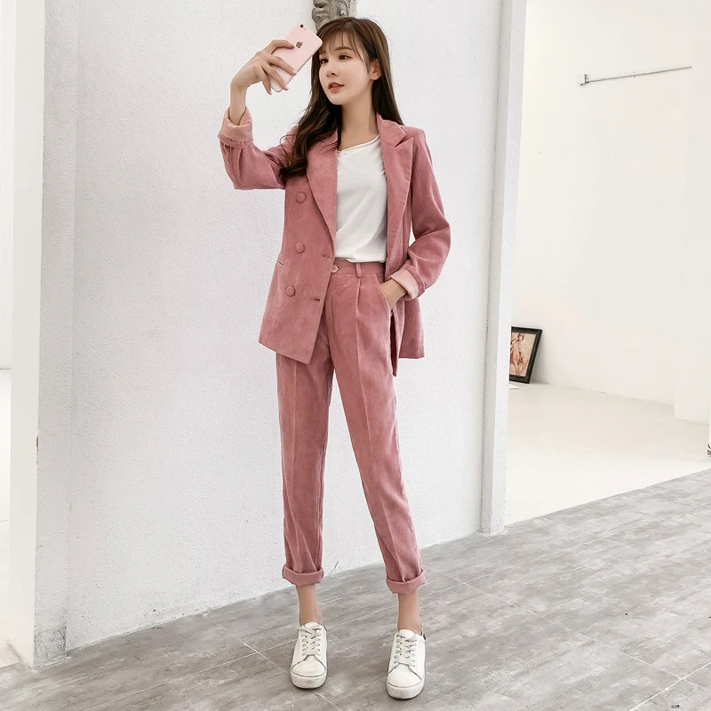 Women's Notched Collar Corduroy Blazer 2 Piece Set Model