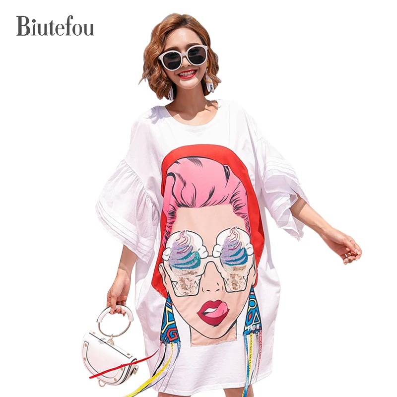 

2017 beautiful Cartoon characters print Colorful sequines loose dresses summer women preppy style ribbon patchwork dresses