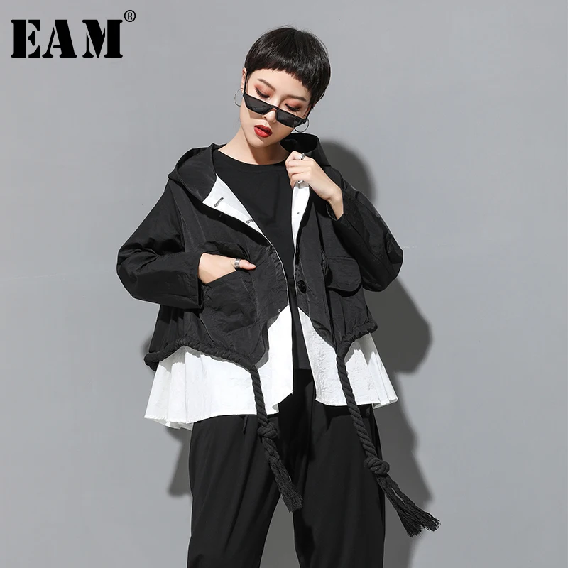 

[EAM] 2019 New Autumn Hooded Collar Long Sleeve Spliced Big Size Drawstring Button Loose Jacket Women Coat Fashion Tide JY906