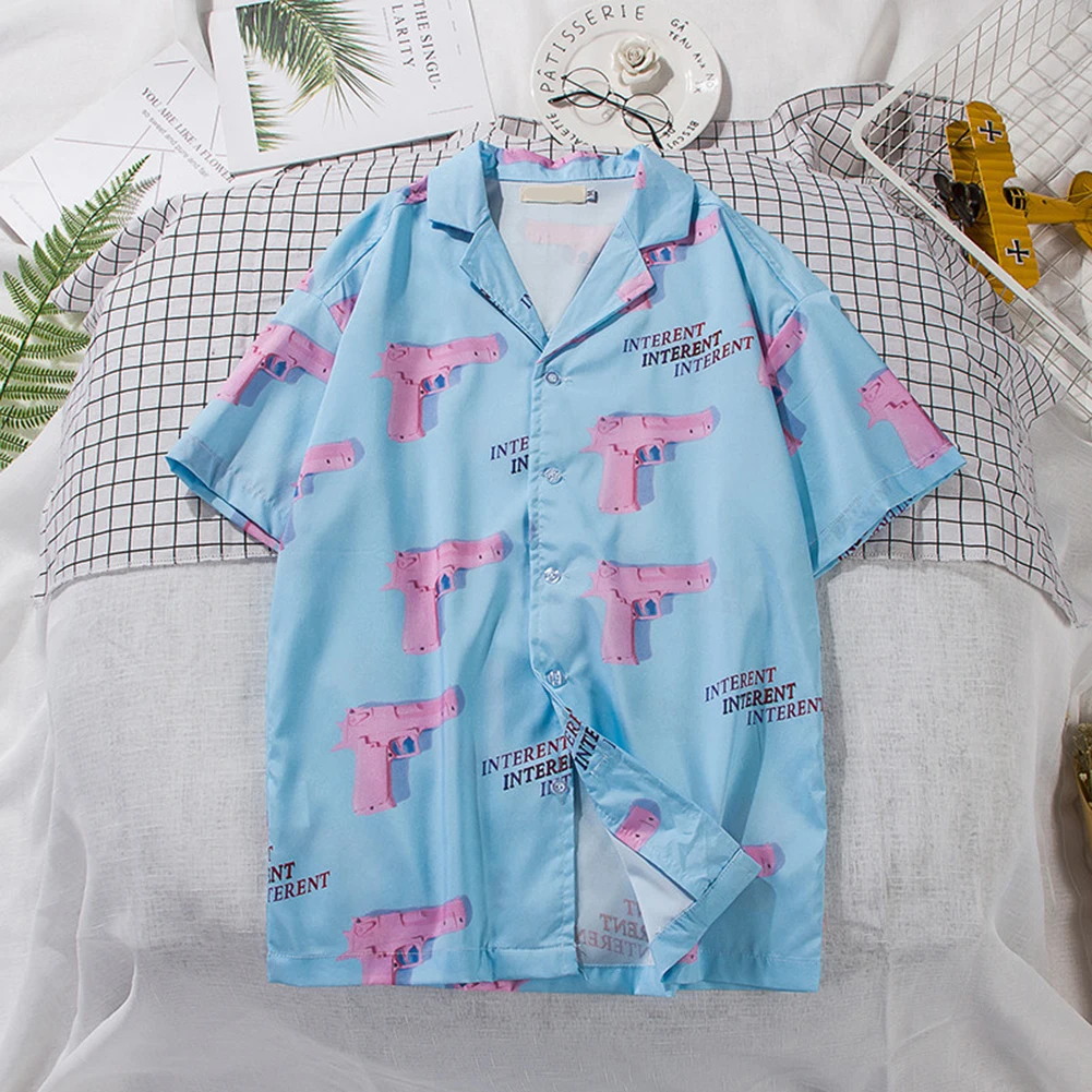 

New Male Pink Hawaiian Beach Shirts Summer Short Sleeve Printing Loose Vacation Shirts Turn-down Collar Loose Shirt Dropshiping