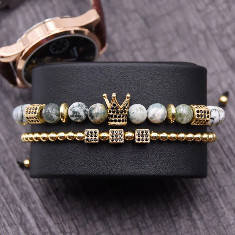 

CZ Zirconia King Crown Gear spacer Charms Bracelets Natural stone 8mm Beads Bracelet Men jewelry Christmas gifts