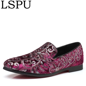 

2020 Brand LSPU Men Shoes Slip On Breathable Flower Seguins Casual Leather Shoes Fashion Men Loafer Barber Shoes Plus Size 38-48