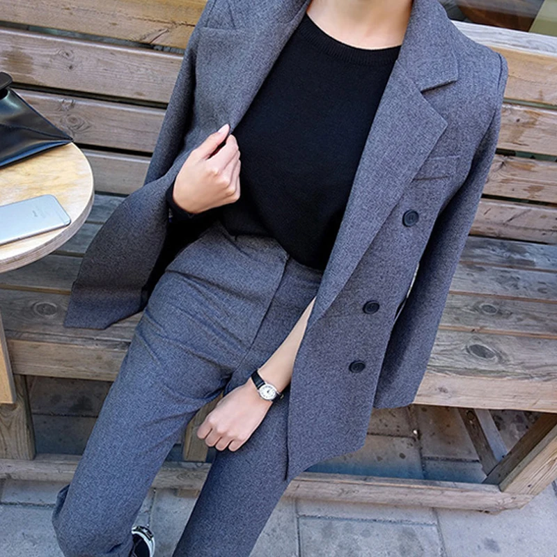 

Gray Two Piece Sets Korean Autumn Fashion Casual Blazer + Pants Jacket Female Trousers Office Formal Women Pants Suits 2019 New