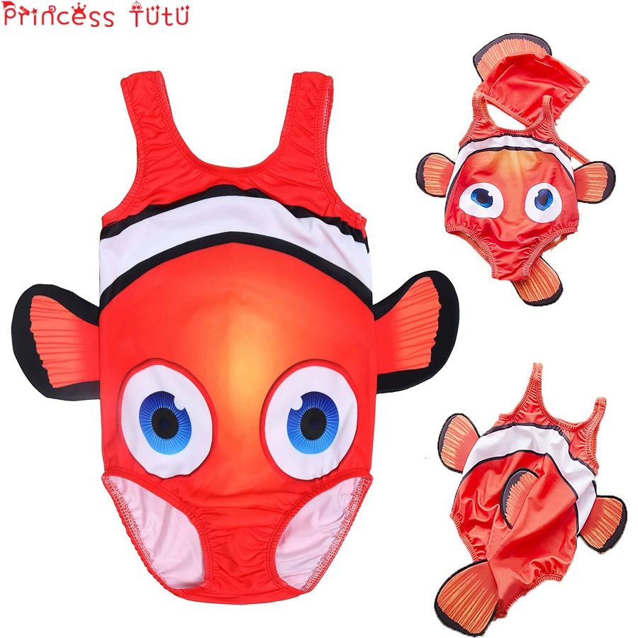 

Nemo Fish Costume Set Colorful Summer Girl Clownfish Beach Swimsuit Siamese Nemo Sunscreen Surf Suit With Swimming Cap