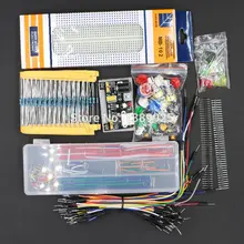 Kit de pièces génériques + module d'alimentation 3.3V/5V + planche à pain MB-102 830 points + 65 câbles flexibles + boîte de fil cavalier sans étui