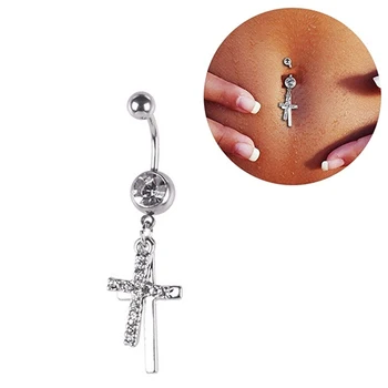 

Fashion Rhinestone Body Jewelry Double Cross Dangle Navel Belly Button Barbell Ring Body Piercing Jewelry