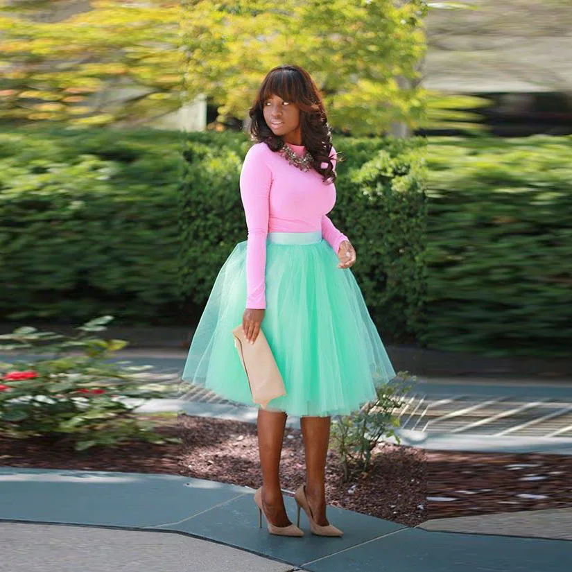 New Green Knee Length Tutu Skirt Satin Zipper Waist A Line Skirts Women