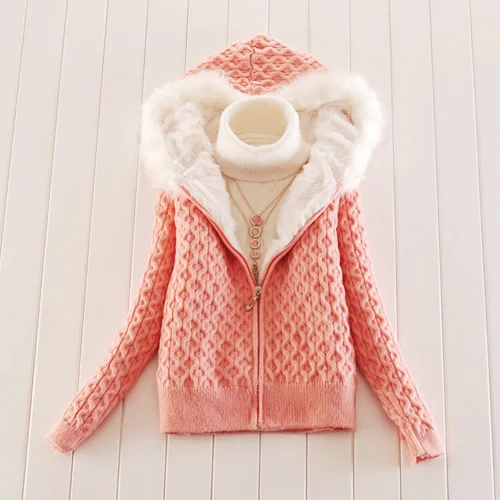 AKSLXDMMD осень зима женский свитер модный толстый флисовый свитер кардиган с капюшоном Теплый Женский вязаный свитер пальто D013 - Цвет: pink