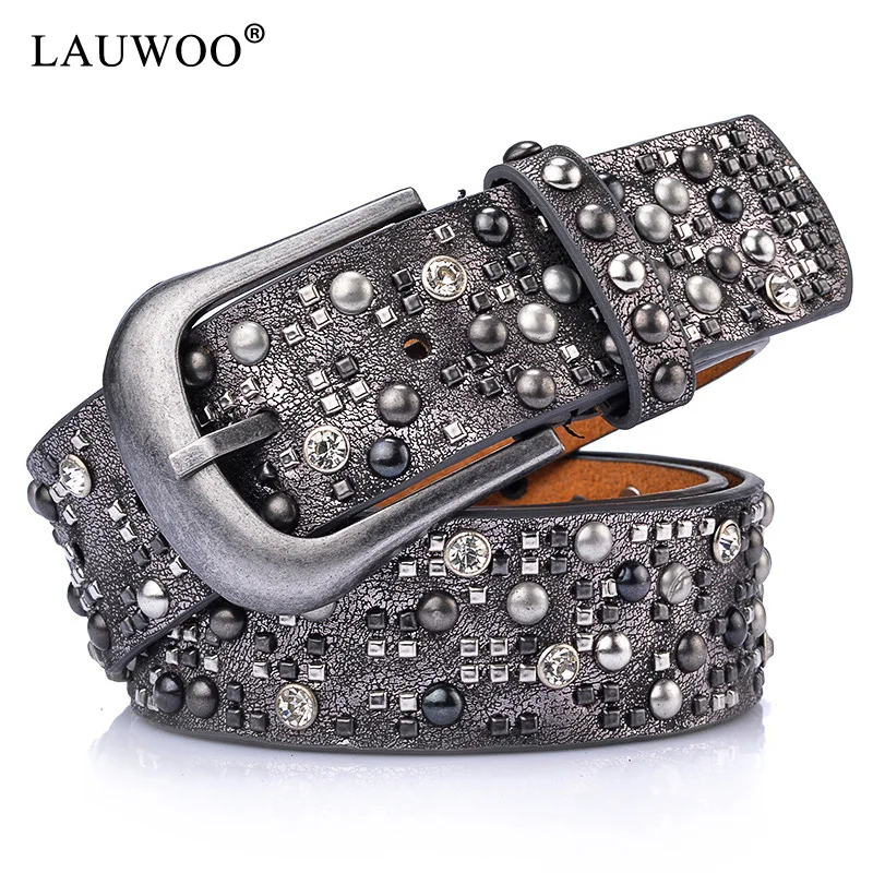 

LAUWOO Rivet Belt Fashion Rhinestone Men&Women's Studded Belts High Quality Male Leather Rock Women Strap Hip Hop