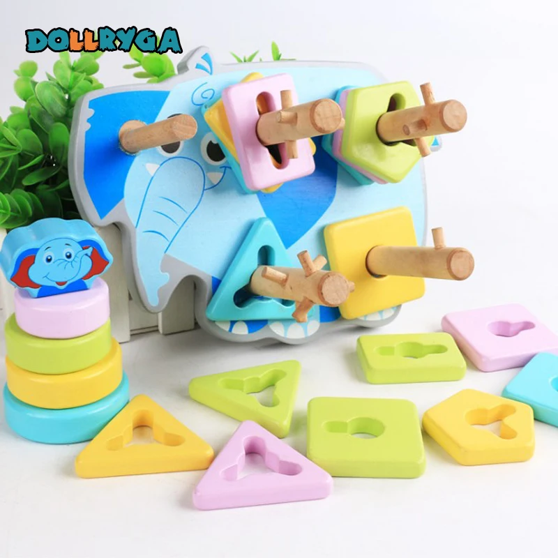 DOLLRYGA DIY Children Wooden Building Blocks Children Early Education Toys Interactive Cartoon Elephant Shape Solid Toy For Kids