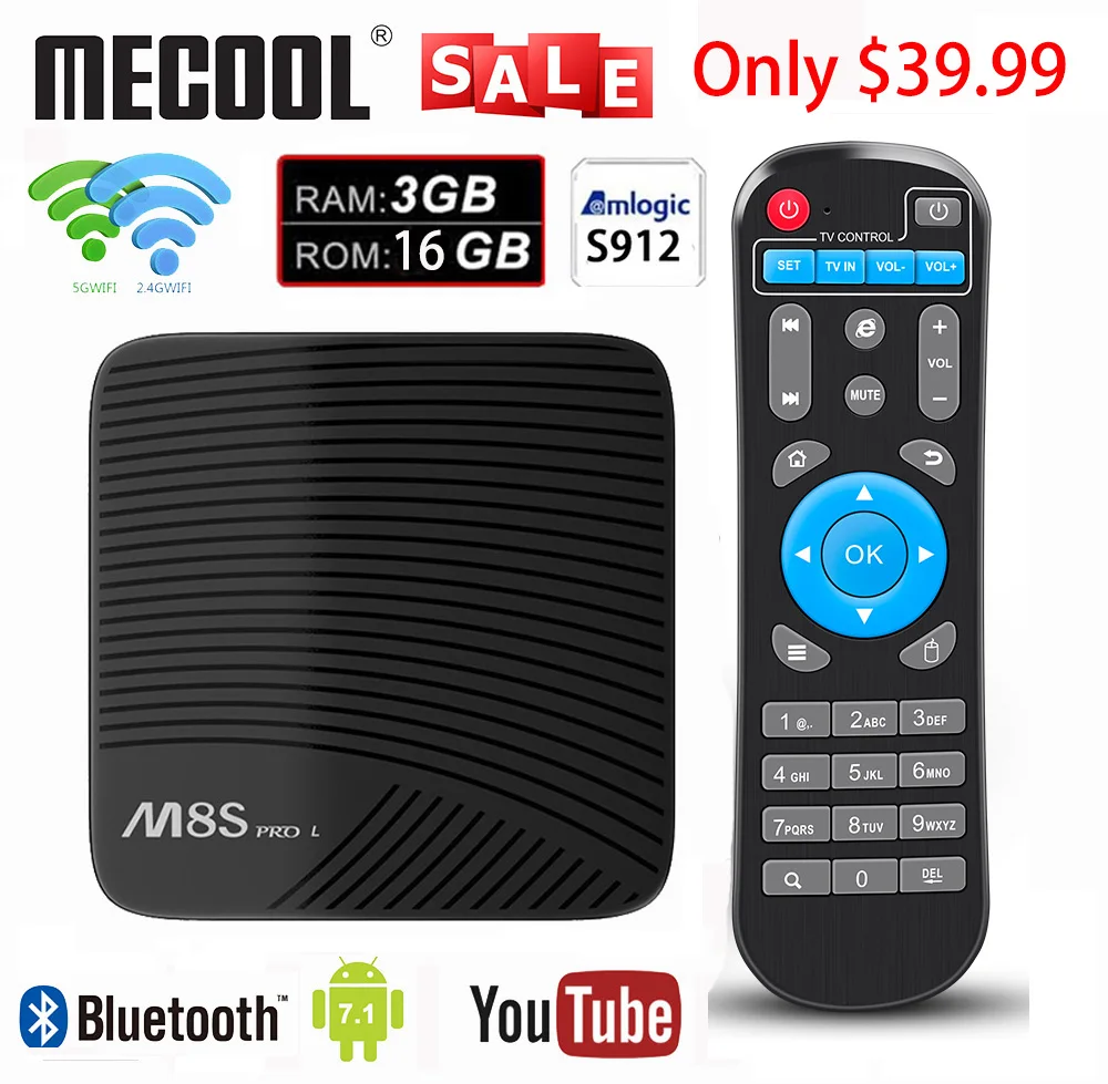 

Mecool 3G RAM 16G ROM M8S PRO L TV Box Amlogic S912 Octa Core 32ROM 4K HD BT Android 7.1 Voice Control Smart TV Box Media Player