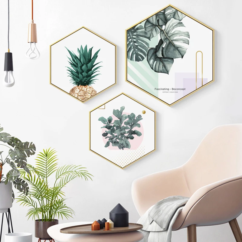

Nordic canvas Poster Creative Hexagon Green Plant Canvas Painting Cactus Pineapple Art Wall Pictures For Living Room Home Decor