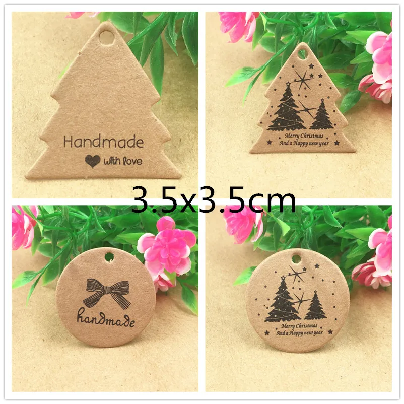 

100Pcs 3.5x3.5cm Round and Tree Shape Kraft Paper Hang Tag for Christmas Handmade Gift Packaging Box Bags Decoration Label Tags