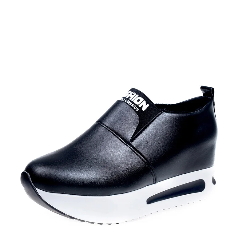 MCCKLE/женские слипоны на плоской подошве; весенняя обувь на платформе; женская обувь, визуально увеличивающая рост; повседневная обувь из флока на плоской подошве для студентов - Цвет: Black-PU