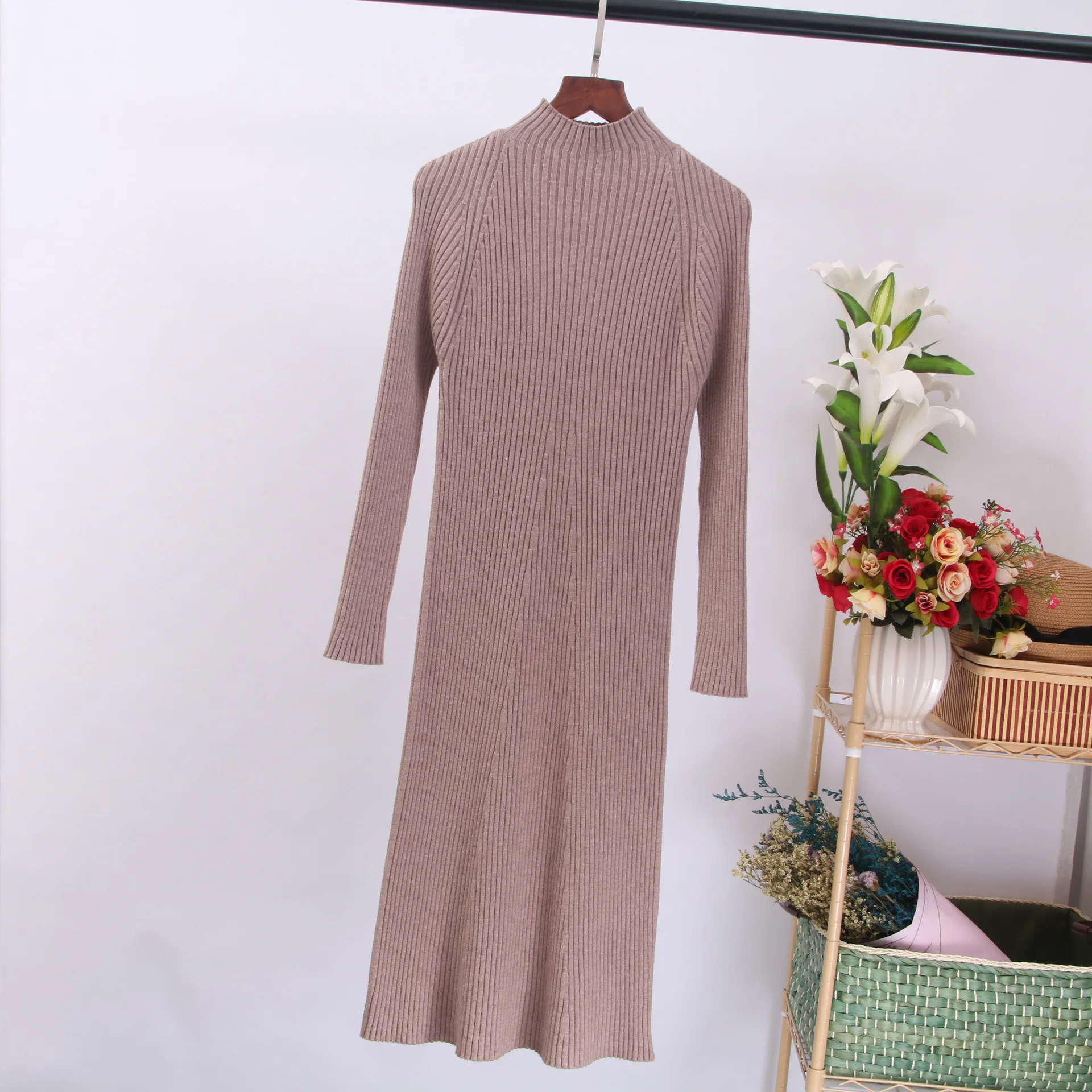 ONLYSVTER Women Autumn Winter Sweater Knitted Dress Thick Warm Knee-length Dress Rib Slim Female Dress