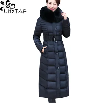 

UHYTGF New L-5XL Oversized Down jacket Warm Outerwear Winter Parker Women Fur collar Hooded Thick Belt Slim long Cotton coat 44