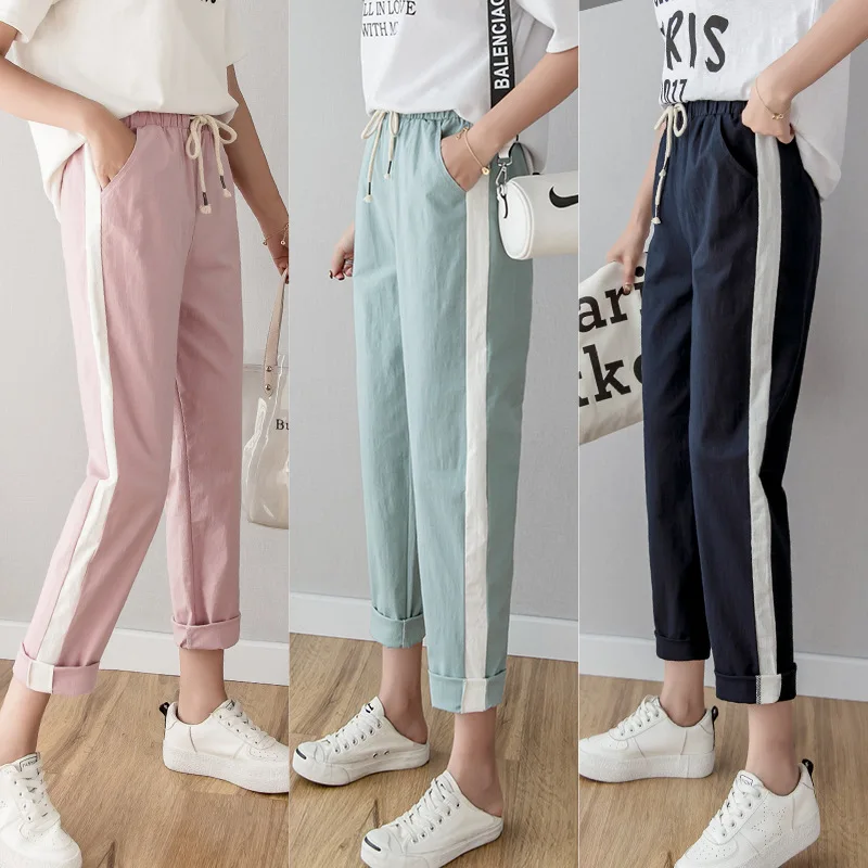 Cotton Linen Ankle Length Pants Women's Summer Autumn Casual Trousers Pencil Leisure Fashion Striped Women Pant Black Green Pink Cotton Linen Ankle Length Pants Women's Summer Autumn Casual Trousers Pencil Leisure Fashion Striped Women Pant Black Green Pink