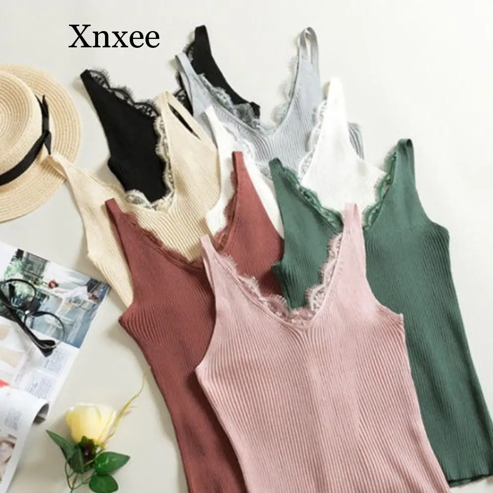 

Xnxee 7 Colors Spring Knitted Tank Tops New Hook Flower Lace Solid Stitching V-neck Camis Female Slim Outer Wear Shirt Trend