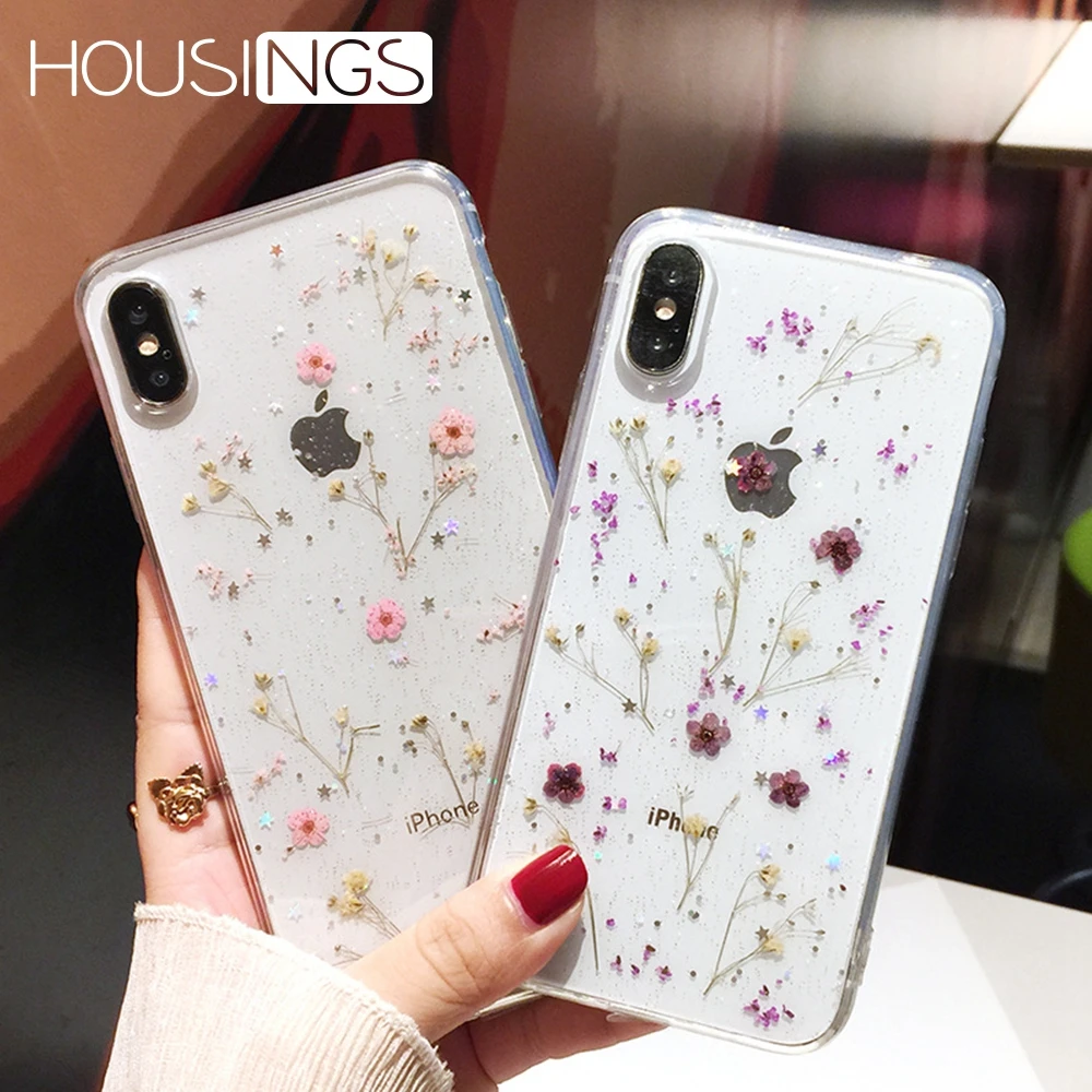 Чехол для телефона с цветами для iPhone 7, 8 plus, XR, XS Max, модные настоящие сухие цветы, прозрачный, для iPhone 6, 6s Plus, мягкий ТПУ чехол для девочки