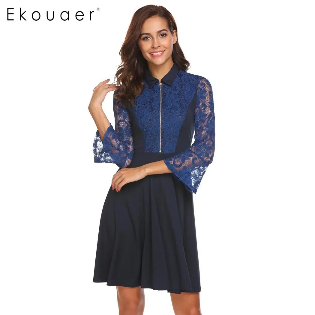 

Ekouaer Women Casual A Line Dress Doll Collar Long Sleeve Lace Patchwork Vintage Dress Spring Autumn Female Clothes S-XXL Size