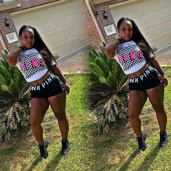 

Pink Letter Print Casual 2 Piece Set Summer Plaid Short Sleeve Tees And Pockets Black Short Pants Women Streetwear Outfits H9002