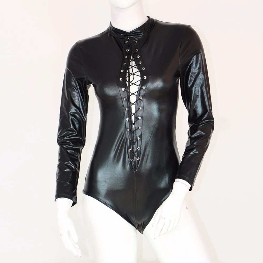 one shoulder bodysuit Black PVC Vinyl Leather Bodysuit Women One Piece Long Sleeve Skinny Bandage Fetish Bodysuit Pole Dance Club Vinyl Catsuit 5XL bodysuit top