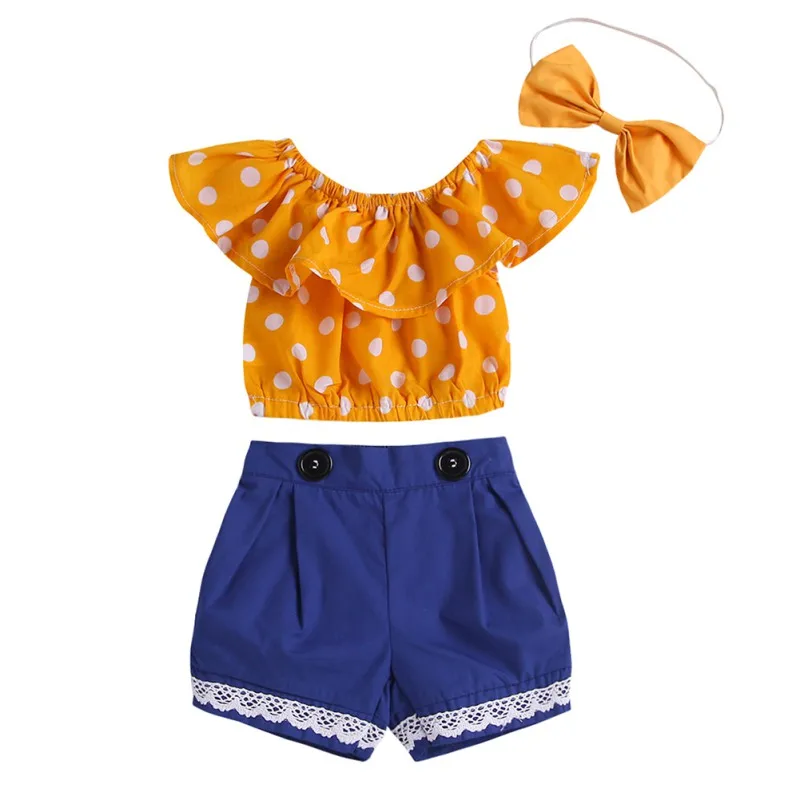 

New Style Fashion Summer Girls Outfits Sleeveless Dot Print Tops+Shorts Suits With Headband Girls Casual Clothing Sets