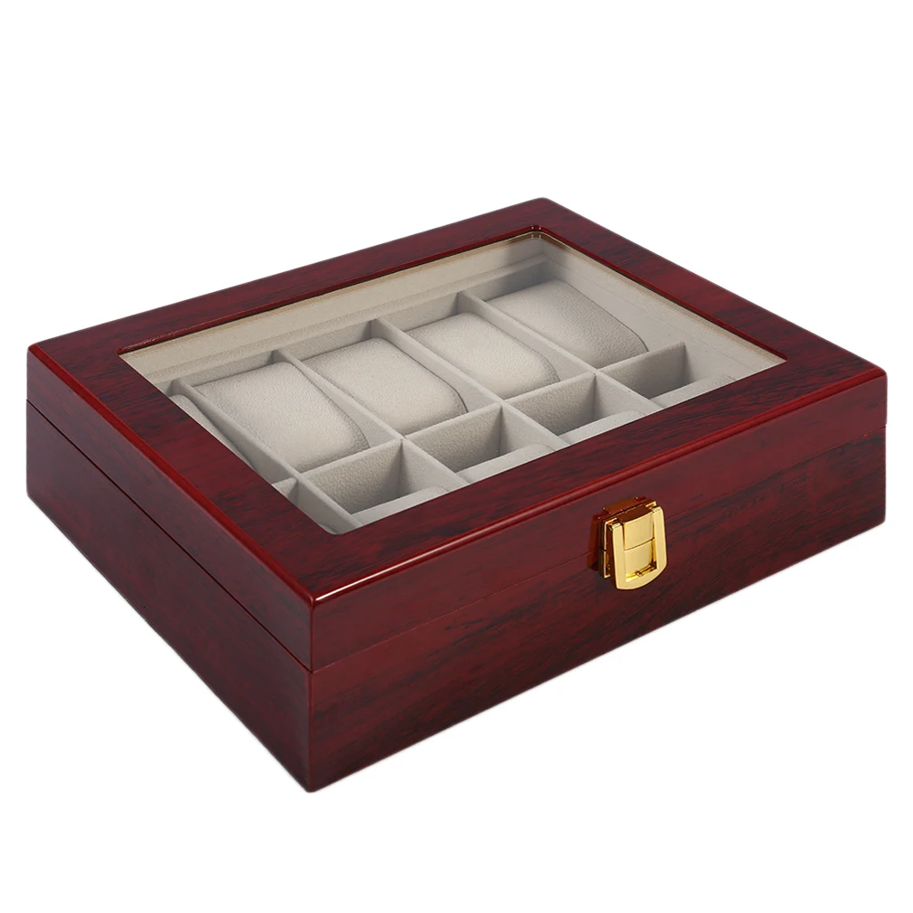 10 Grids Wood Watch Box Solid Red Color Jewelry Display Organizer Case Watches Bracelet Storage Box 2