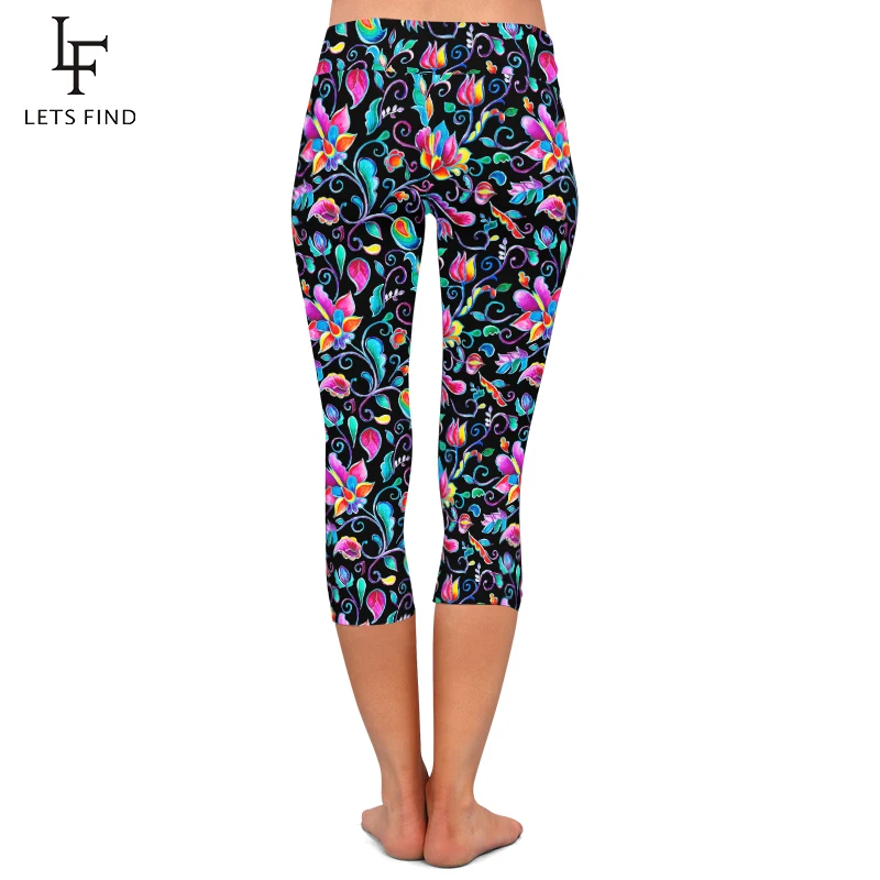 LETSFIND Summer New Women Black Capri Leggings High Elastic Milk Silk Flowers Print High Waist Fitness Casual Mid-Calf Leggings seamless leggings