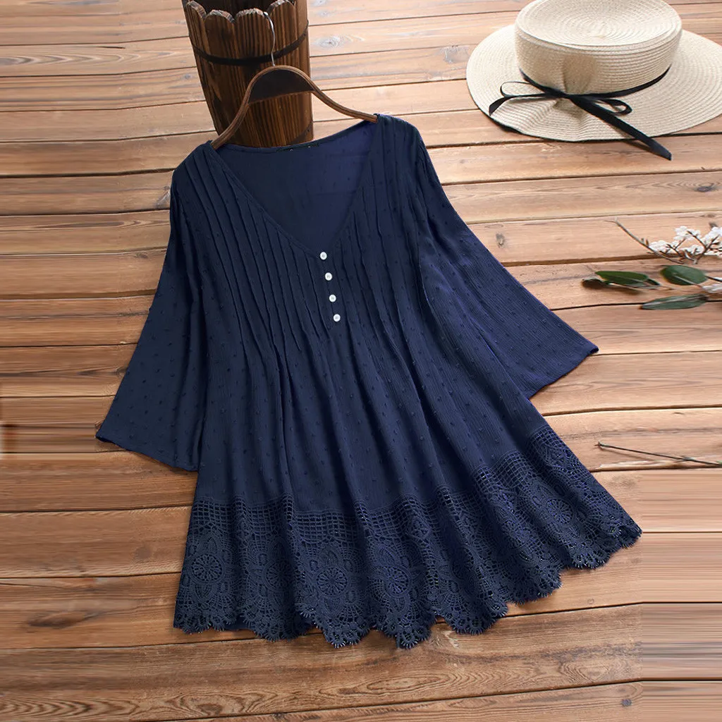 

Summer Blouses Women Vintage Shirts Three Quarter V-Neck Plus Size 5XL Lace Tops Fashion Pleated A-Line Blouse Blusas Mujer#Z20