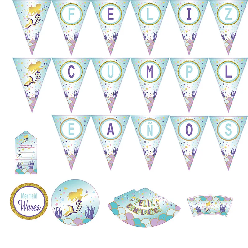 

16Pcs Mermaid Paper Cup Pull Flag Paper Plates Invitation Card Tableware Theme Festival for Baby Shower Wedding Party Supplies