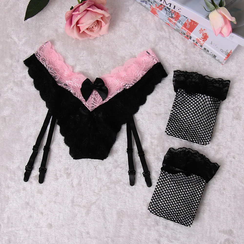 Women's Sexy Lace Garters Set Suspender G-String Garter Belt Stockings Set Bowknot Erotic Lingerie Underwear Sleepwear Set